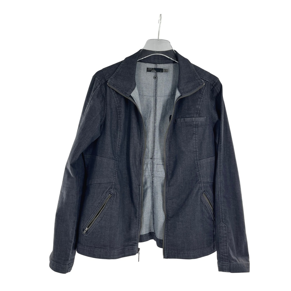 Prana Womens Zip Front Denim Jacket Dark Wash Blue Modern  Size Large